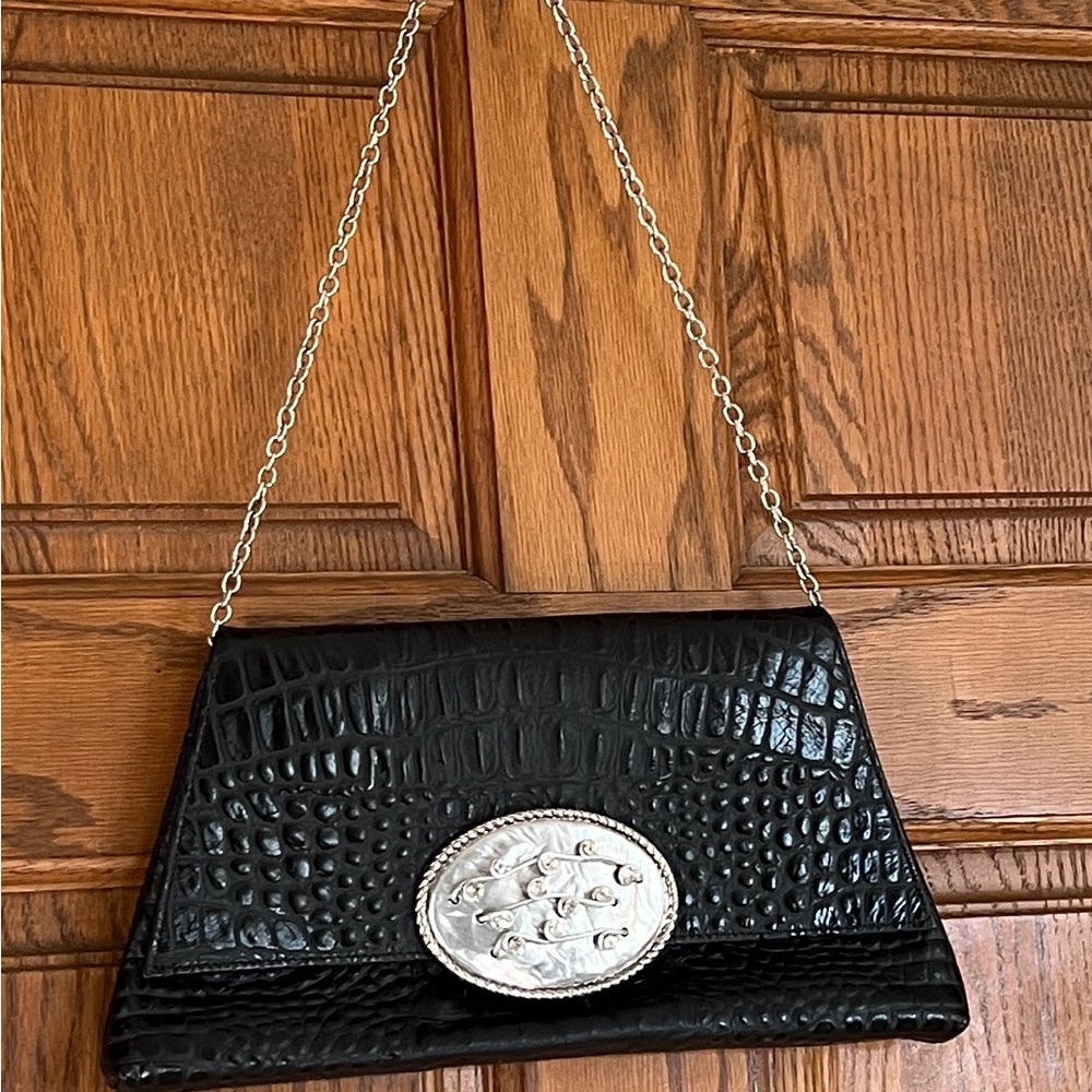 Kemestry Black Leather Crocodile-Embossed Clutch with Silver Accent